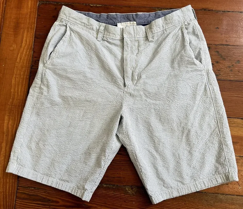 Blue White Preppy Striped Seer Sucker Shorts Men's 33